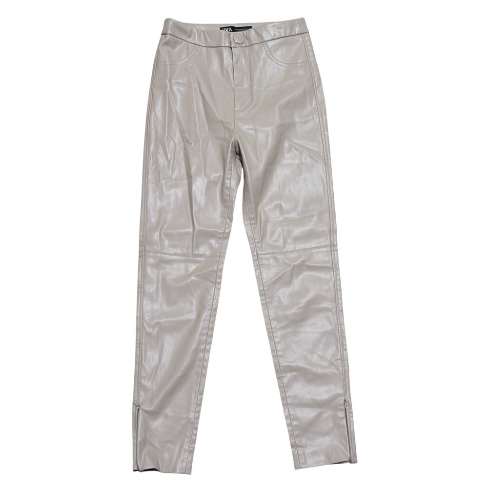 Zara Womens XS Tan Khaki Skinny Pants Leather Look Slim Leg Ankle Zip Sexy